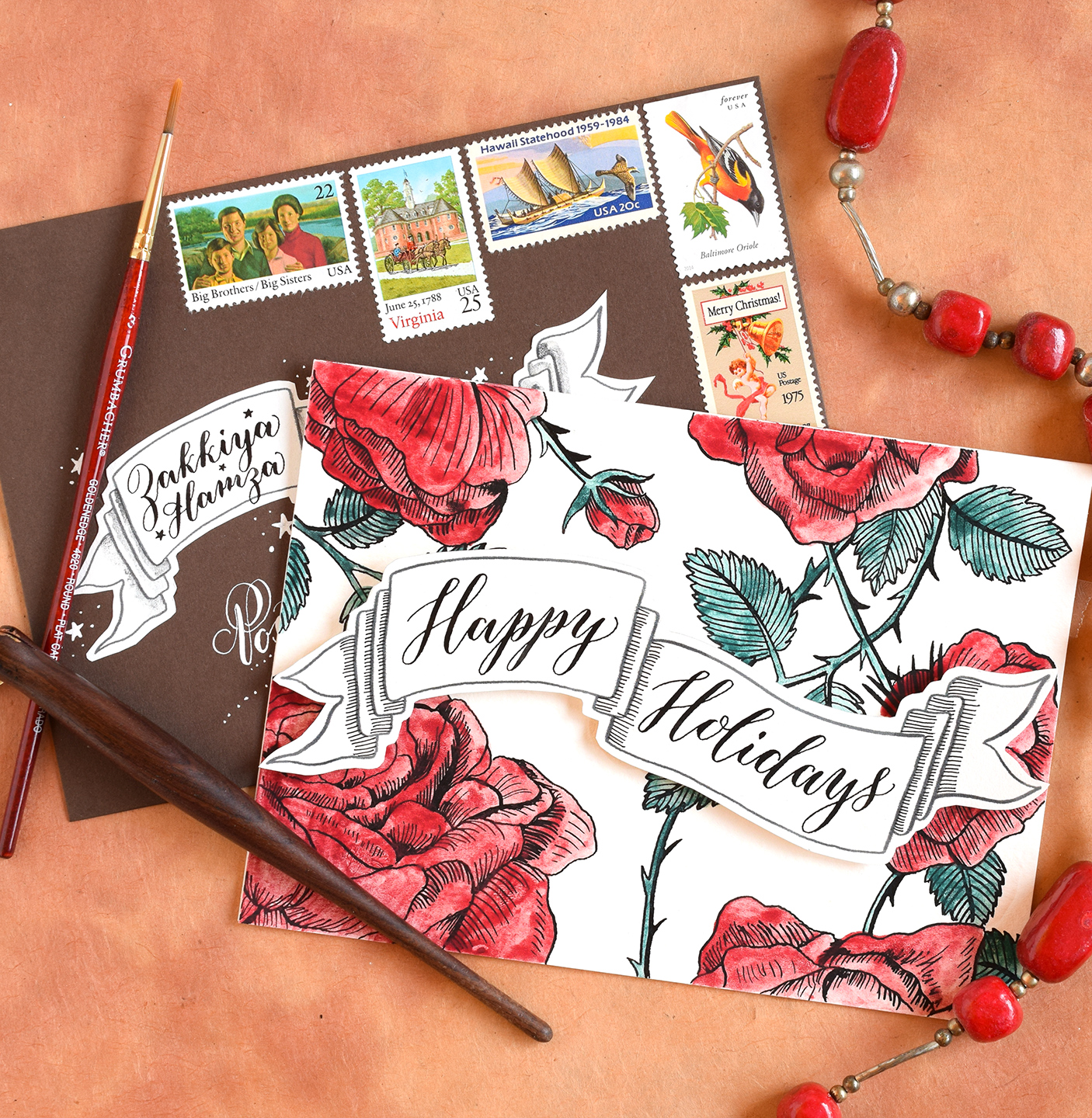 Watercolor Roses Holiday Card + Artistic Envelope Tutorial