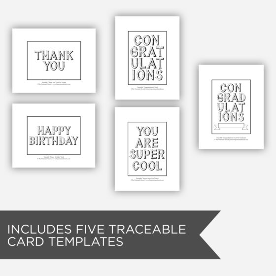 This packet includes five traceable card templates to save you time! Just place one on a light box, put a light-colored 5" x 7" card on top, and trace over the Circus Style letters below.