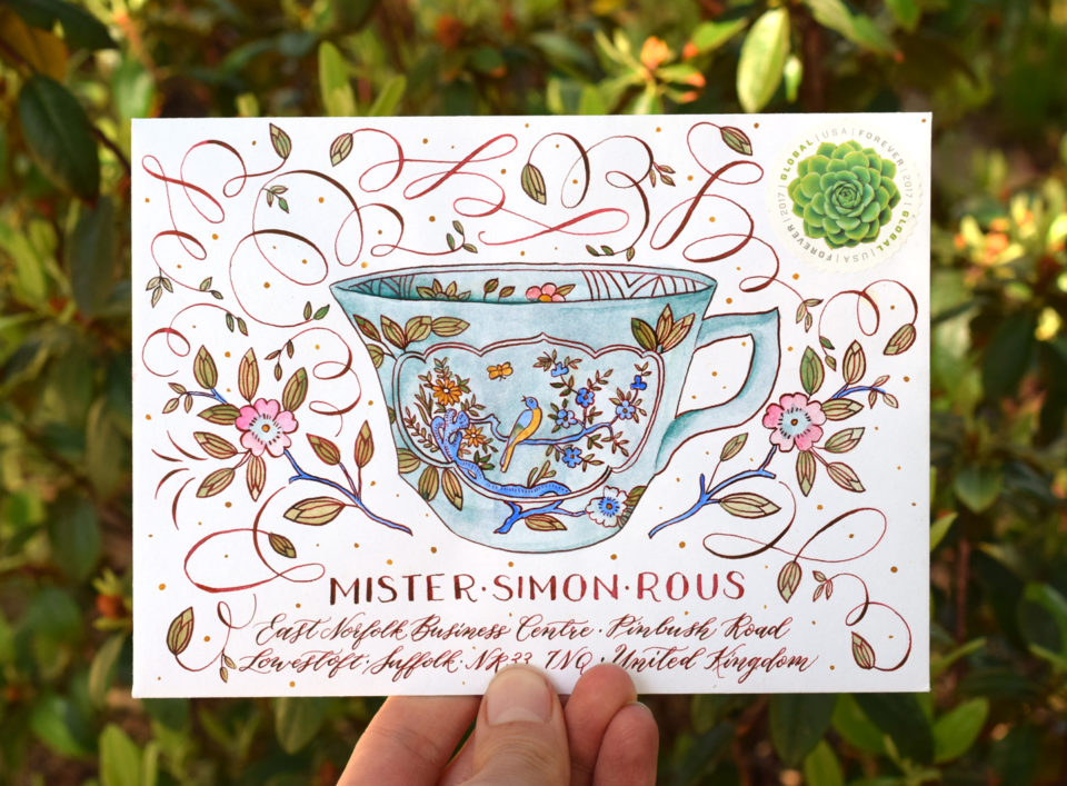 Intricate Teacup Envelope Art for "No More Boring Envelopes"