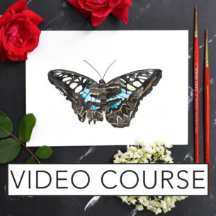 This butterfly is one of the many projects included in the The Ultimate Beginner’s Watercolor Online Course.