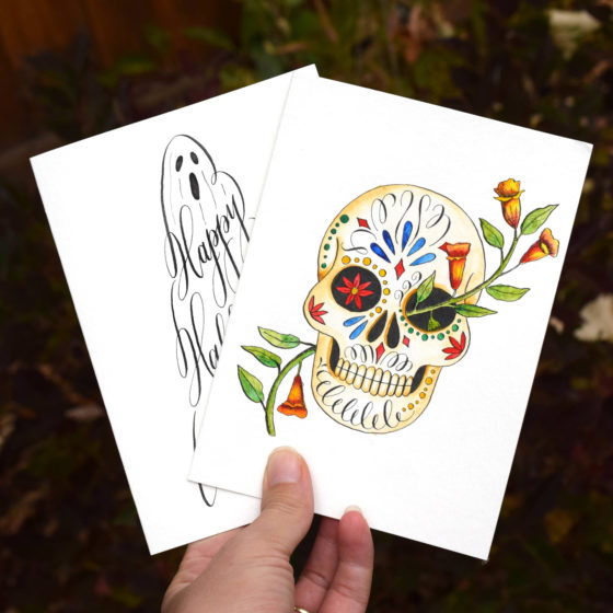 You'll also learn how to make two fabulous Halloween motifs: a watercolor trumpet vine sugar skull and a flourished phantom.