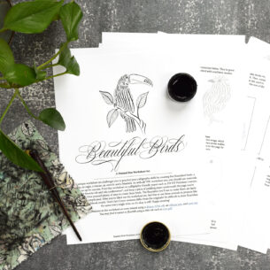 This worksheet set will walk you through how to create five different flourished calligraphy birds.